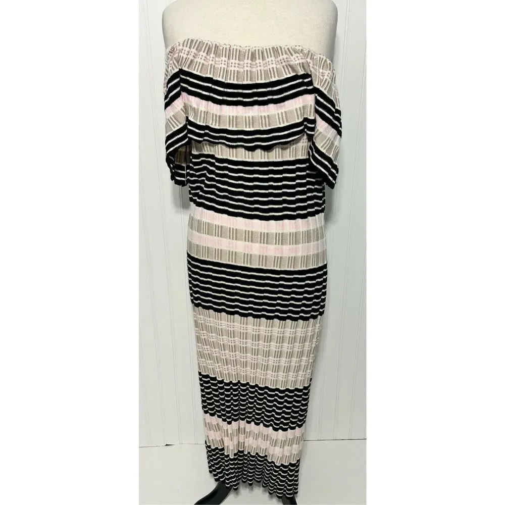 Free People Off Duty Striped‎ Off the Shoulder Midi Sweater Dress Tan Pink Large